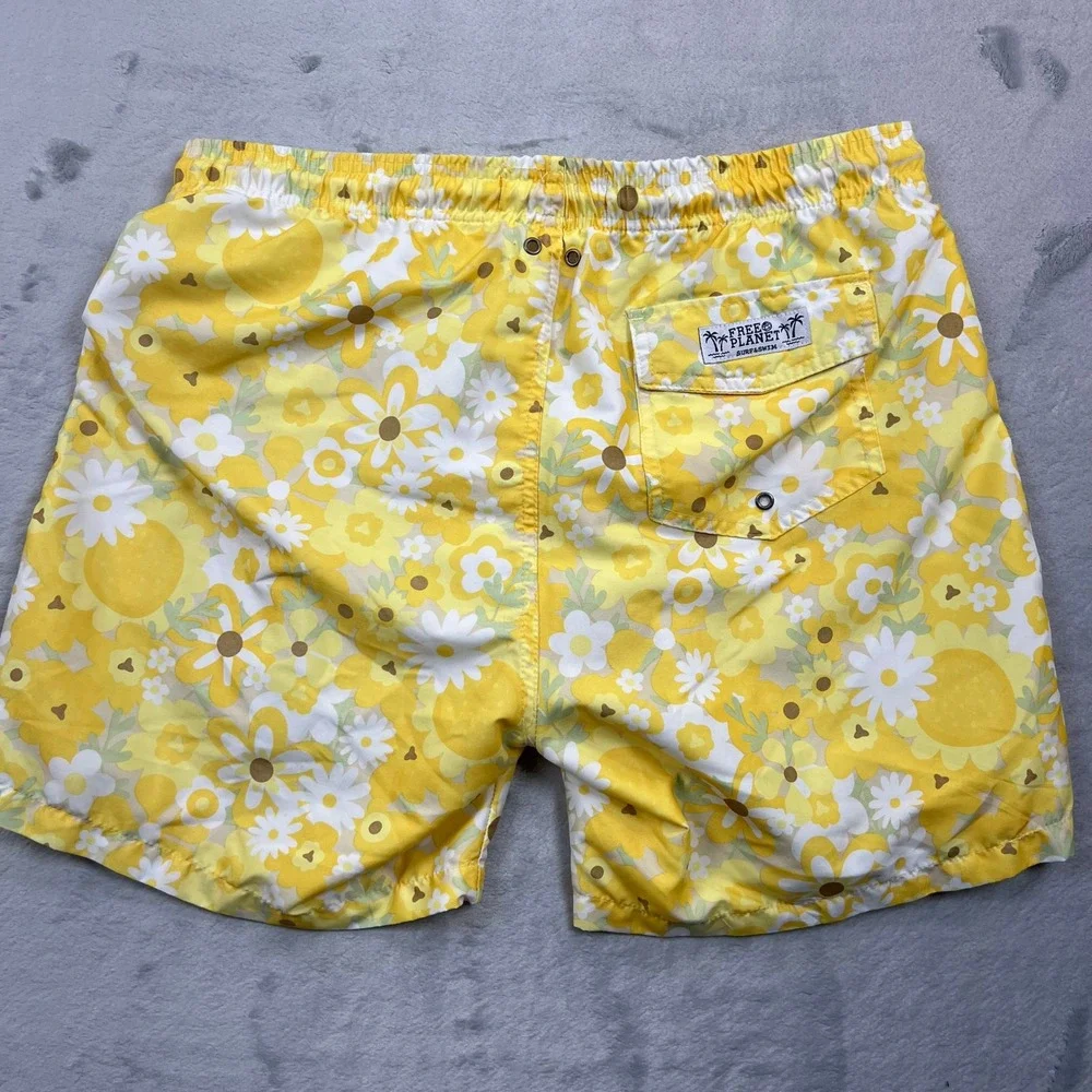 Free Planet Swim Trunks Mens XL Yellow Floral Retro Board Shorts 6in Inseam